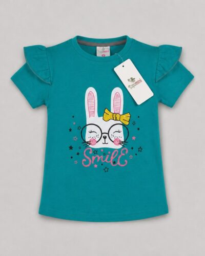 Smile Bunny Ruffle Tee — Teal Girls T-Shirt